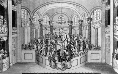 Mr. Garrick hält seine Ode im Drury Lane Theatre, bei der Einweihung eines Gebäudes und der Errichtung einer Statue für Shakespeare, 1769